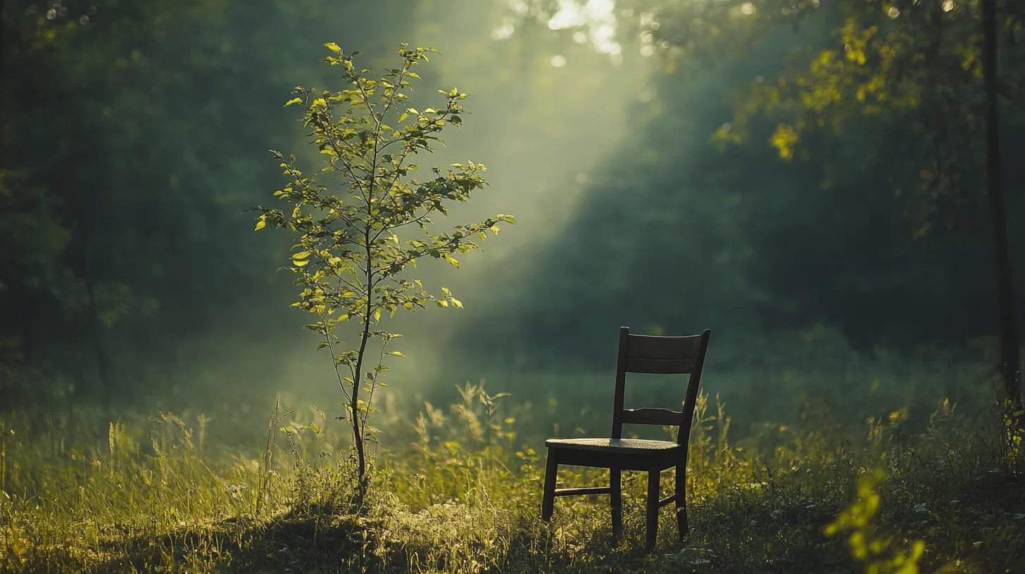 Jeune chêne traversant une chaise de bureau abandonnée — symbole du réemploi